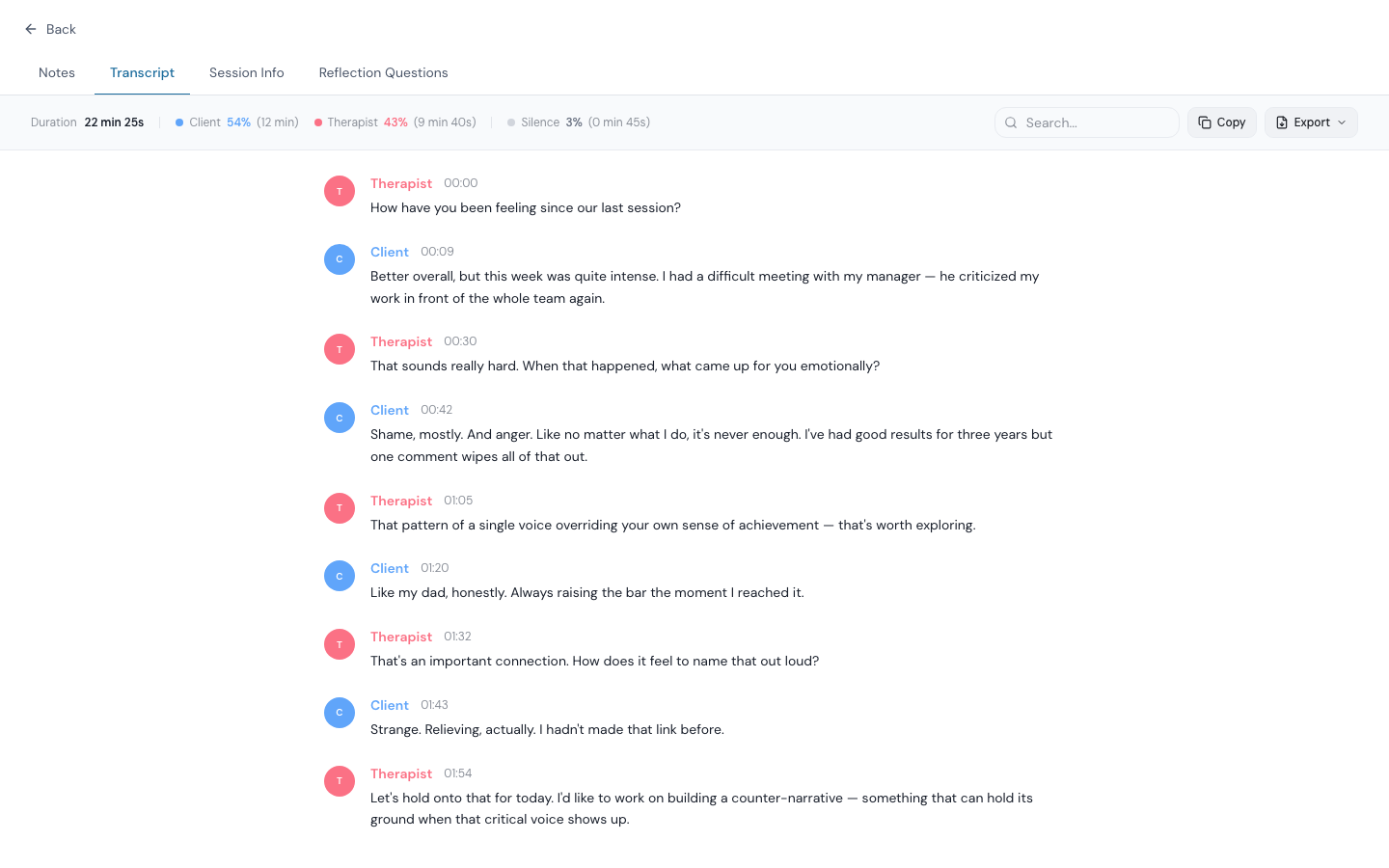 Session transcript with speaker identification